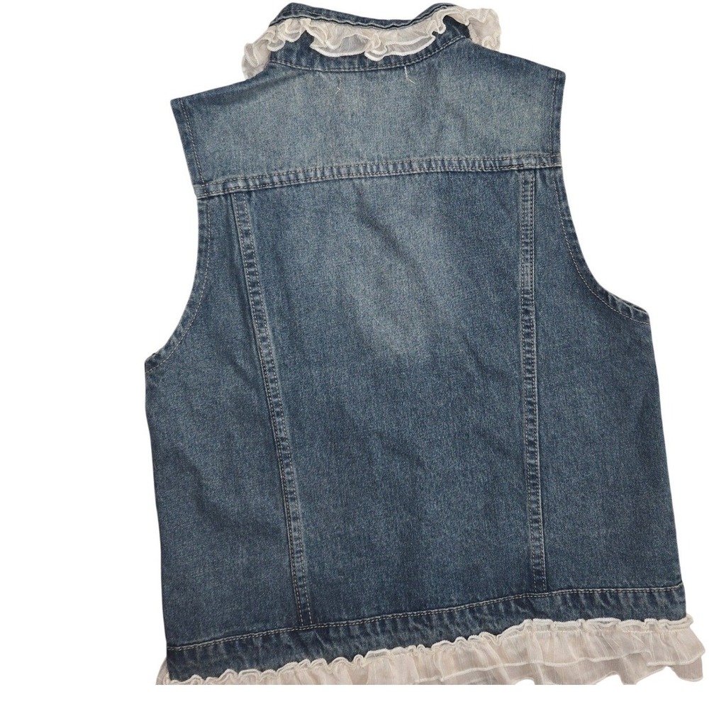 Paisley Vine Denim Vest Lace Trim Coquette Button Front Boho Womens M Western - Picture 10 of 12